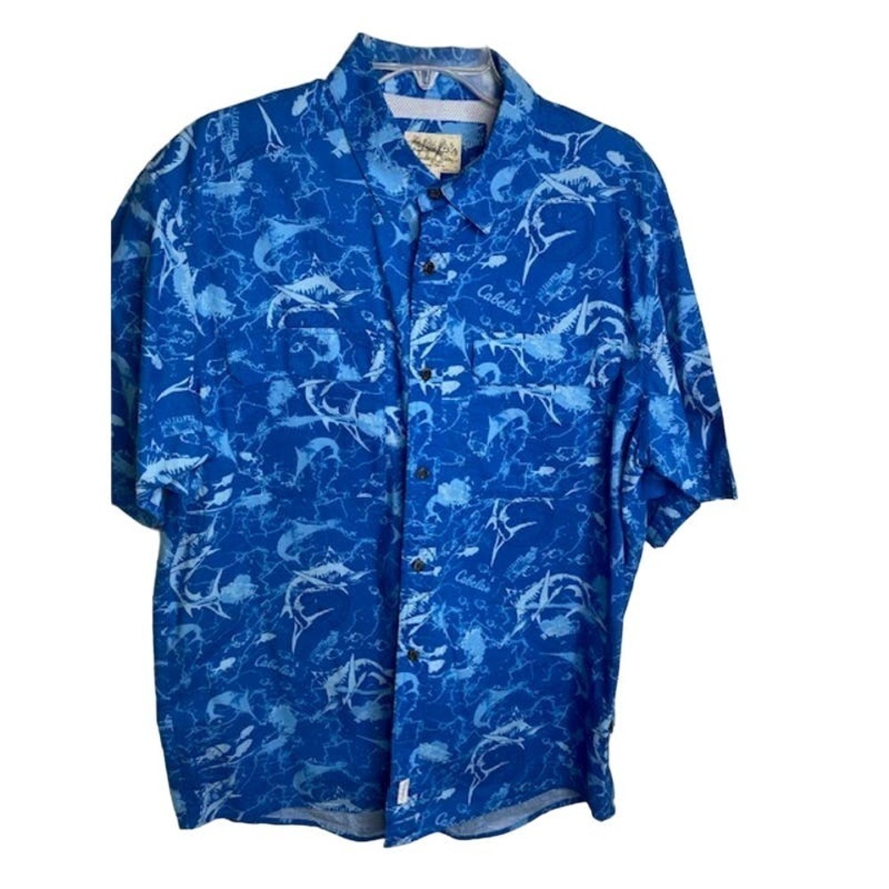 Cabela's Men's Short Sleeve Shirt Blue Print Size Large 100% Cotton
